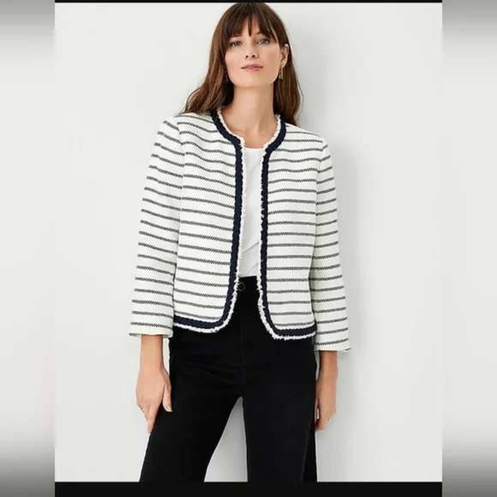 Ann Taylor Petite 00P Ivory Navy Striped Tweed Blazer Jacket Fringe Trim